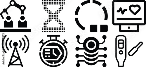 A set of technological and medical icons isolated on transparent background, representing automation, time, health, and digital connectivity.