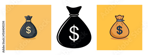 Minimal Black Silhouette Money Bag and Coin Icon with Dollar Symbol Vector Style Design
