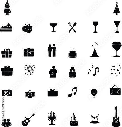 Whimsical Celebration Icons Silhouette Set Featuring Gifts, Cakes, Musical Notes, Cameras, Party Hats, and More in Playful Grid Layout
