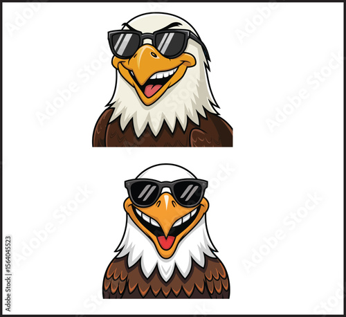 Set of Two Cartoon Eagle Characters Wearing Sunglasses with Smiling Expressions Vector Icons