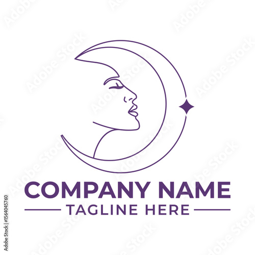 Elegant Logo Depicting Feminine Mystique A Minimalist Line Art Design Featuring a Woman's Profile and a Crescent Moon