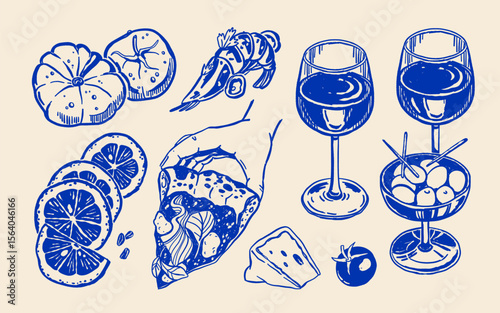 Italian food set with pizza slice, shrimp, heirloom tomatoes, wine glasses, cheese, lemon slices, olives, hand drawn blue ink vector on beige background. La dolce vita mediterranean style.