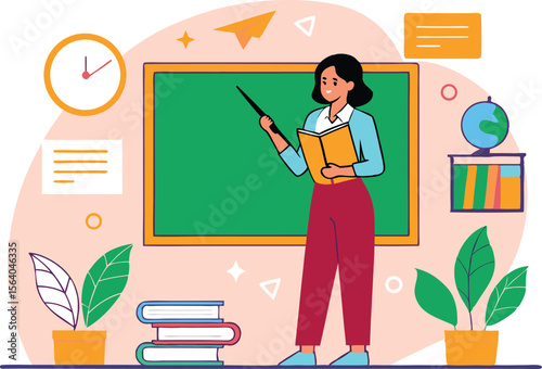 A smiling female teacher holding a book and pointer in front of a green chalkboard with classroom elements isolated on transparent background