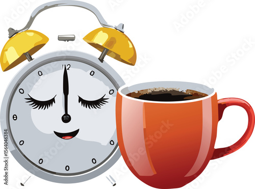 Sleepy Alarm Clock Holding a Coffee Mug to Wake Up