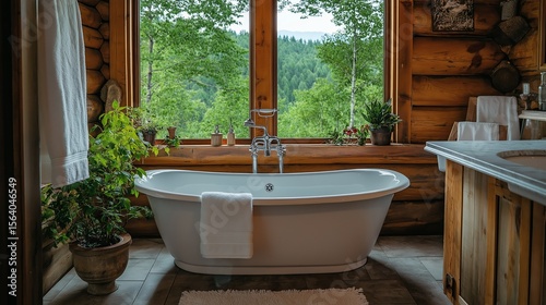 White bathtub in a rustic log cabin bathroom with large window