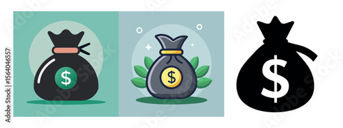 Minimal Black Silhouette Money Bag and Coin Icon with Dollar Symbol Vector Style Design