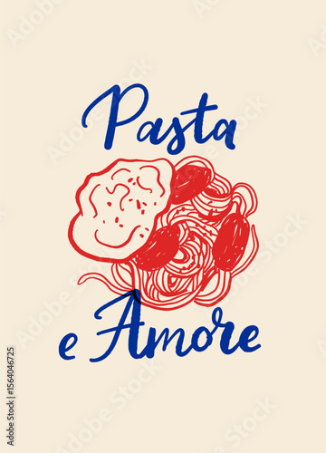 Italian pasta quotes poster set. Blue and beige vintage style illustrations with hand drawn doodles and sayings