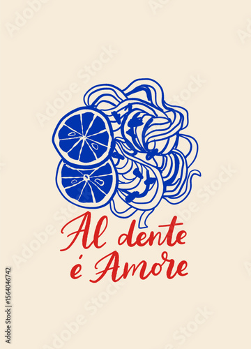 Italian pasta quotes poster set. Blue and beige vintage style illustrations with hand drawn doodles and sayings