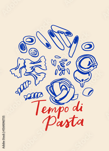 Italian pasta quotes poster set. Blue and beige vintage style illustrations with hand drawn doodles and sayings