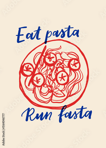 Italian pasta quotes poster set. Blue and beige vintage style illustrations with hand drawn doodles and sayings