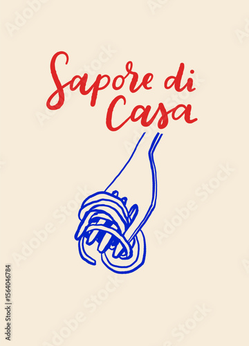 Italian pasta quotes poster set. Blue and beige vintage style illustrations with hand drawn doodles and sayings