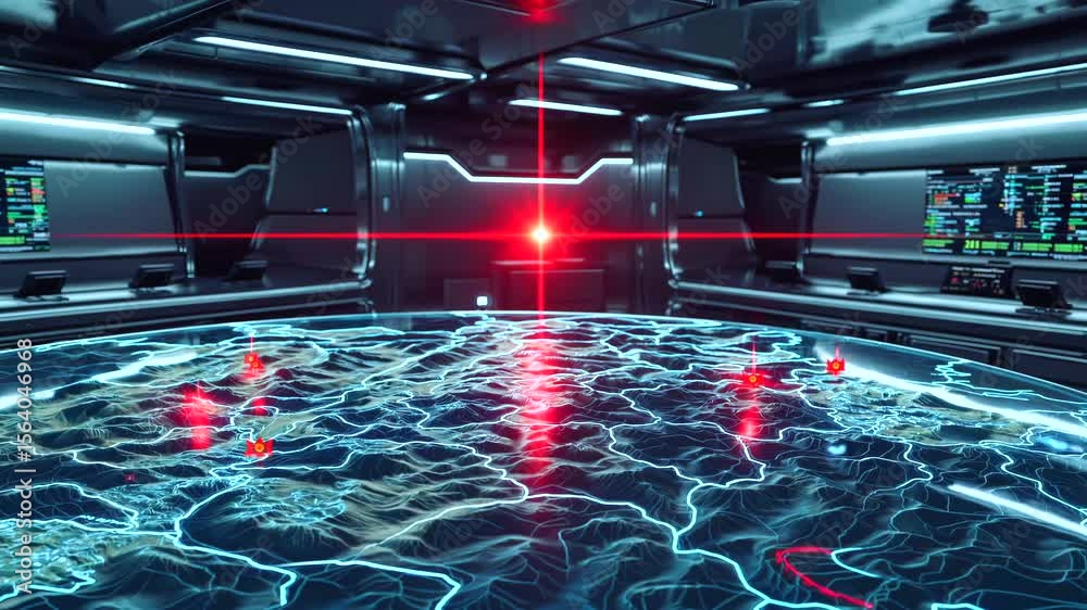 Holographic digital map revealing terrain details, glowing red markers highlighting strategic target positions inside high tech, minimalist military command center