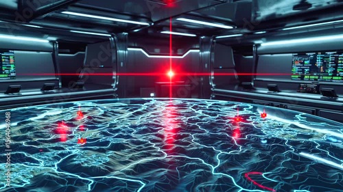 Holographic digital map revealing terrain details, glowing red markers highlighting strategic target positions inside high tech, minimalist military command center
