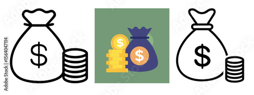 Minimal Black Silhouette Money Bag and Coin Icon with Dollar Symbol Vector Style Design