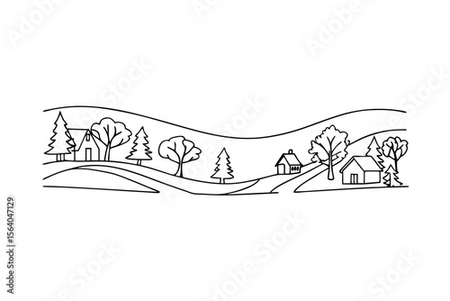 Rolling hills with houses and trees village landscape