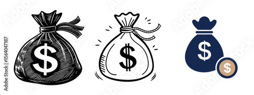 Minimal Black Silhouette Money Bag and Coin Icon with Dollar Symbol Vector Style Design