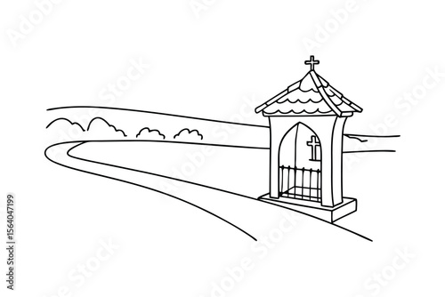 Wayside shrine with cross on winding road religious building