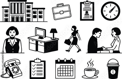 Collection of business and office icons featuring buildings briefcase clipboard clock woman desk computer lamp meeting phone calendar coffee and cup isolated on transparent background