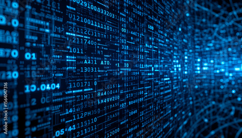 Glowing digital data stream shows cybersecurity and modern technology in a tech abstract matrix background with a bright futuristic concept.