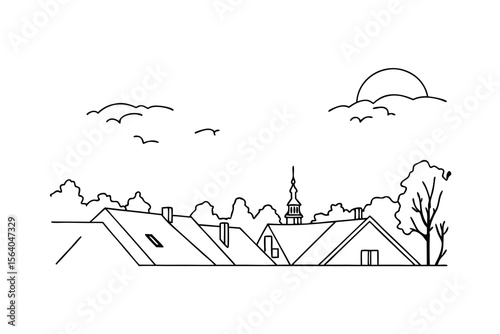 Rooftops and trees under a cloudy sun village clouds