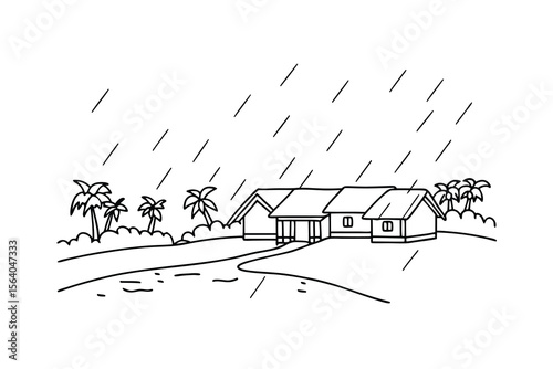 Tropical village during a downpour palm trees houses