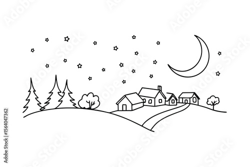 Night village scene with moon and stars houses