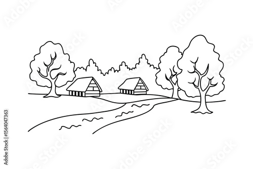 Rustic cabins beside winding river and trees black and white