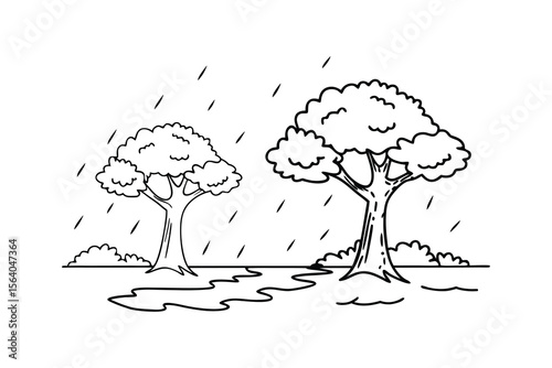 Trees in the rain with puddles nature weather