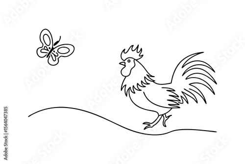 Rooster and butterfly on a grassy hill chicken bird