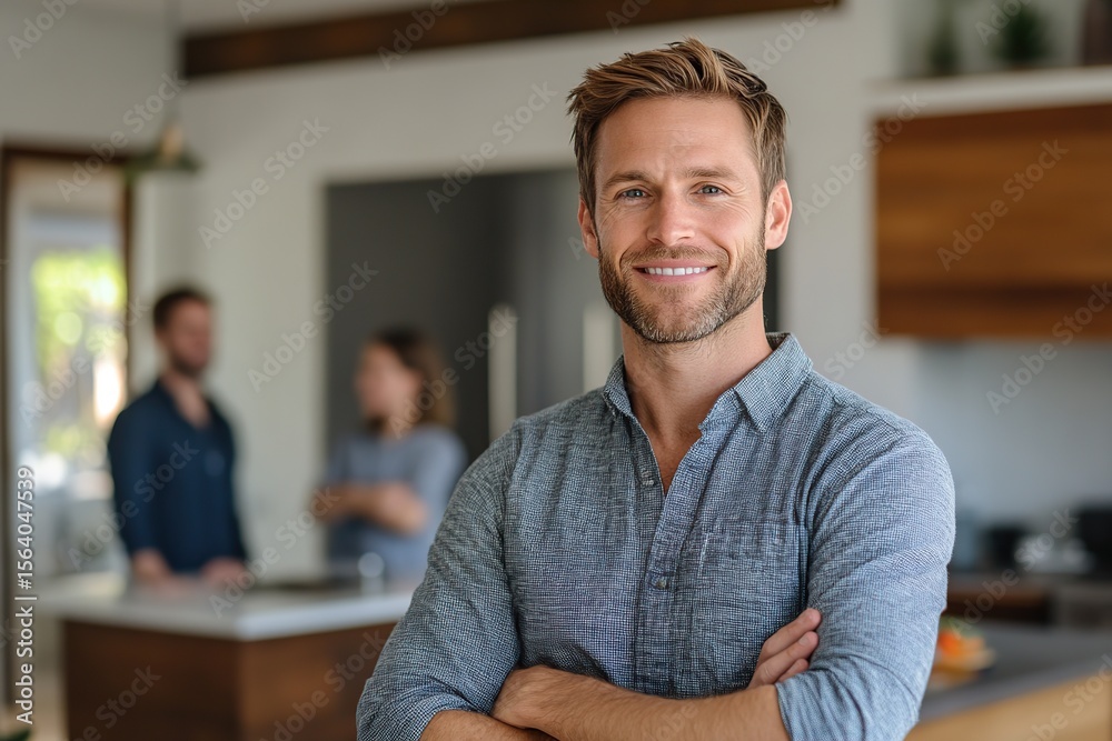 Fototapeta premium Realtor wearing a suit smiles confidently in stylish living room