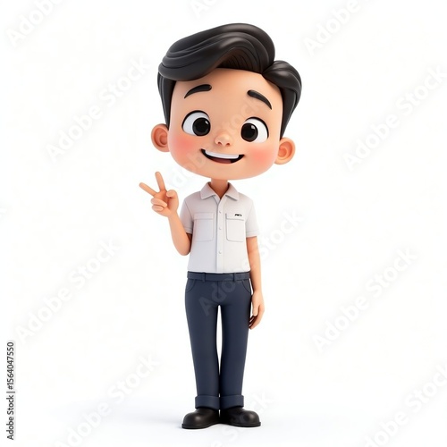 Smiling 3D Cartoon Schoolboy in Uniform Giving Peace Sign on White Background