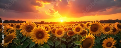 Sunflowers at Sunset Vibrant Golden Petals Against a Fiery Sky, Idyllic Summer Landscape
