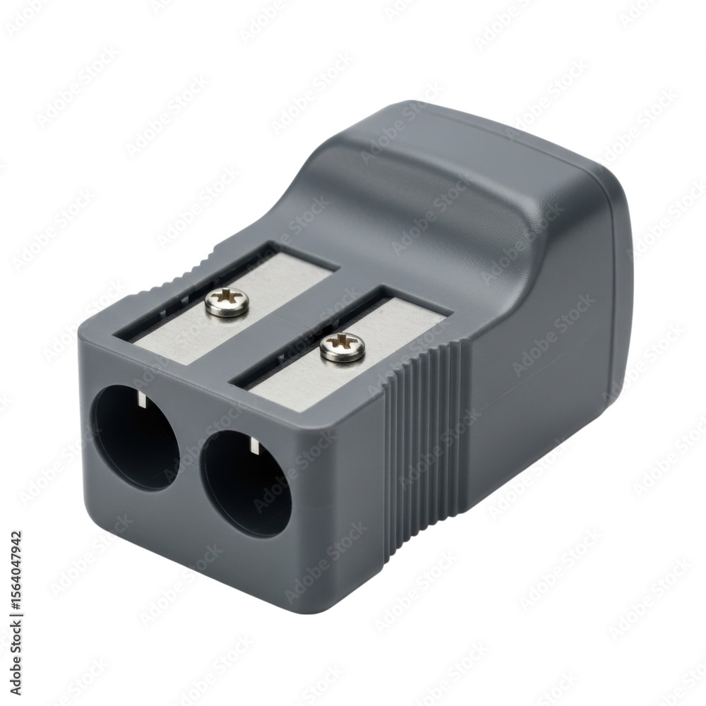 Fototapeta premium Black dual-hole pencil sharpener with metal blades on transparent background