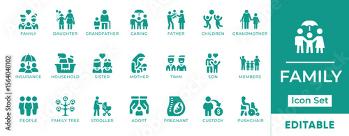 Family Icon Set. Features icons of parents, children, home life, relationships, love, and bonding. Perfect for parenting, healthcare, education, and lifestyle content,