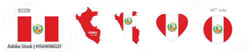 peru flag and map set. peru flag in official colors and proportions. independence day 28 july, map, circle and heart shaped peru 
