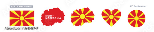  north macedonia flag and map set.  north macedonia flag in official colors and proportions. independence day 8 september , map, circle and heart shaped  north macedonia

