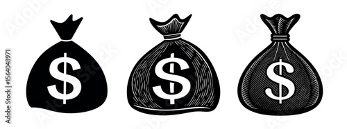 Minimal Black Silhouette Money Bag and Coin Icon with Dollar Symbol Vector Style Design
