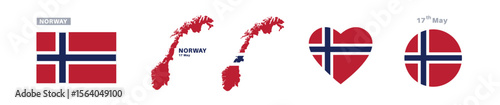norway flag and map set. norway flag in official colors and proportions. independence day 17 may , map, circle and heart shaped norway 
