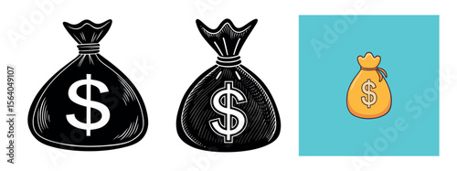 Minimal Black Silhouette Money Bag and Coin Icon with Dollar Symbol Vector Style Design