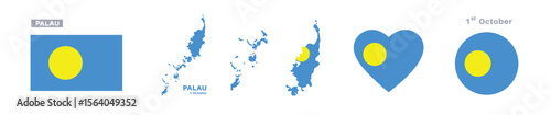 palau flag and map set. palau flag in official colors and proportions. independence day 1 october, map, circle and heart shaped palau 
