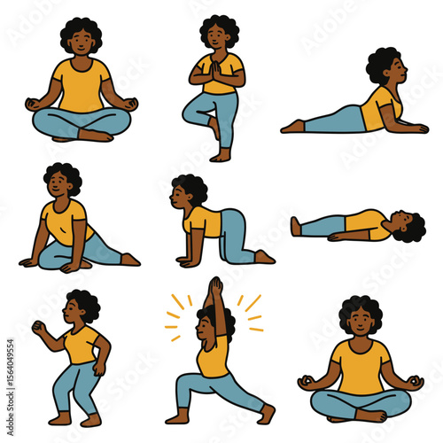 Black Woman practicing yoga poses in different positions and styles  