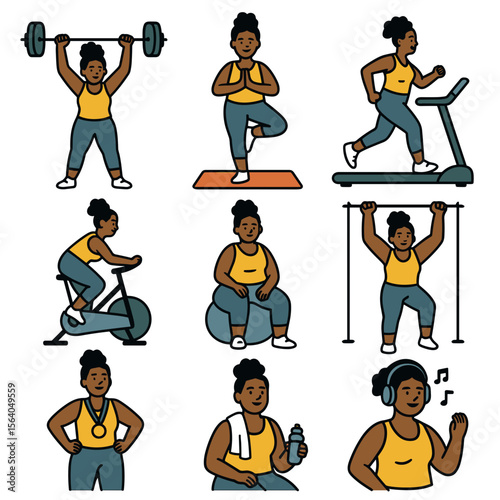 Active black woman exercising in various fitness activities at home  