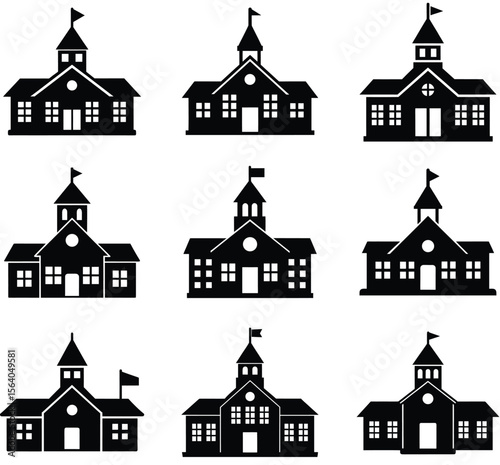 Monochrome Depiction of Diverse School Building Designs with Distinct Architectural Elements