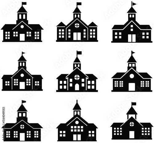 School Building Silhouette Set Depicting Education Learning Institutes with Varying Architectural Styles