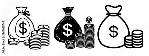 Minimal Black Silhouette Money Bag and Coin Icon with Dollar Symbol Vector Style Design