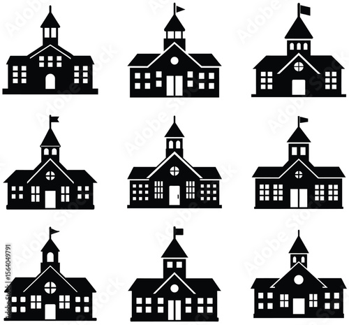 Collection of Silhouette Buildings with Central Towers and Various Window Designs