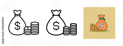 Minimal Black Silhouette Money Bag and Coin Icon with Dollar Symbol Vector Style Design