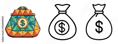 Minimal Black Silhouette Money Bag and Coin Icon with Dollar Symbol Vector Style Design