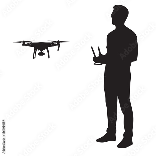 Drone Flying with Operator Vector – UAV Remote Control Silhouette for Aerial Tech, Photography, and Surveillance Themes

