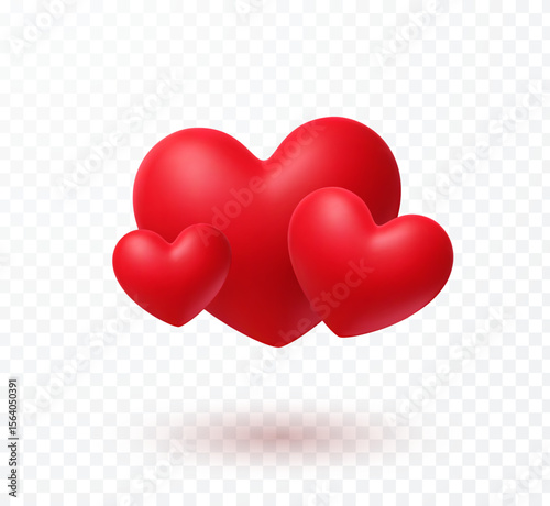 Valentines day love symbols isolated on transparent background. Vector 3d heart balloons. Red romantic sign. Wedding decoration elements with shadow